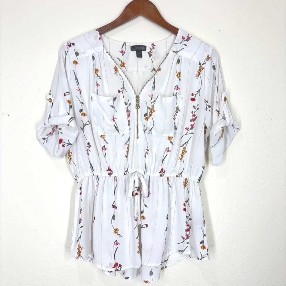 Women's Peplum Blouse XL White Floral Zip Front Roll Tab Sleeve Cottagecore Boho